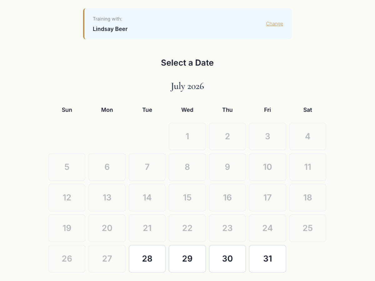 Instructor booking calendar on lindsaybeer.com — live monthly availability for training with Lindsay Beer