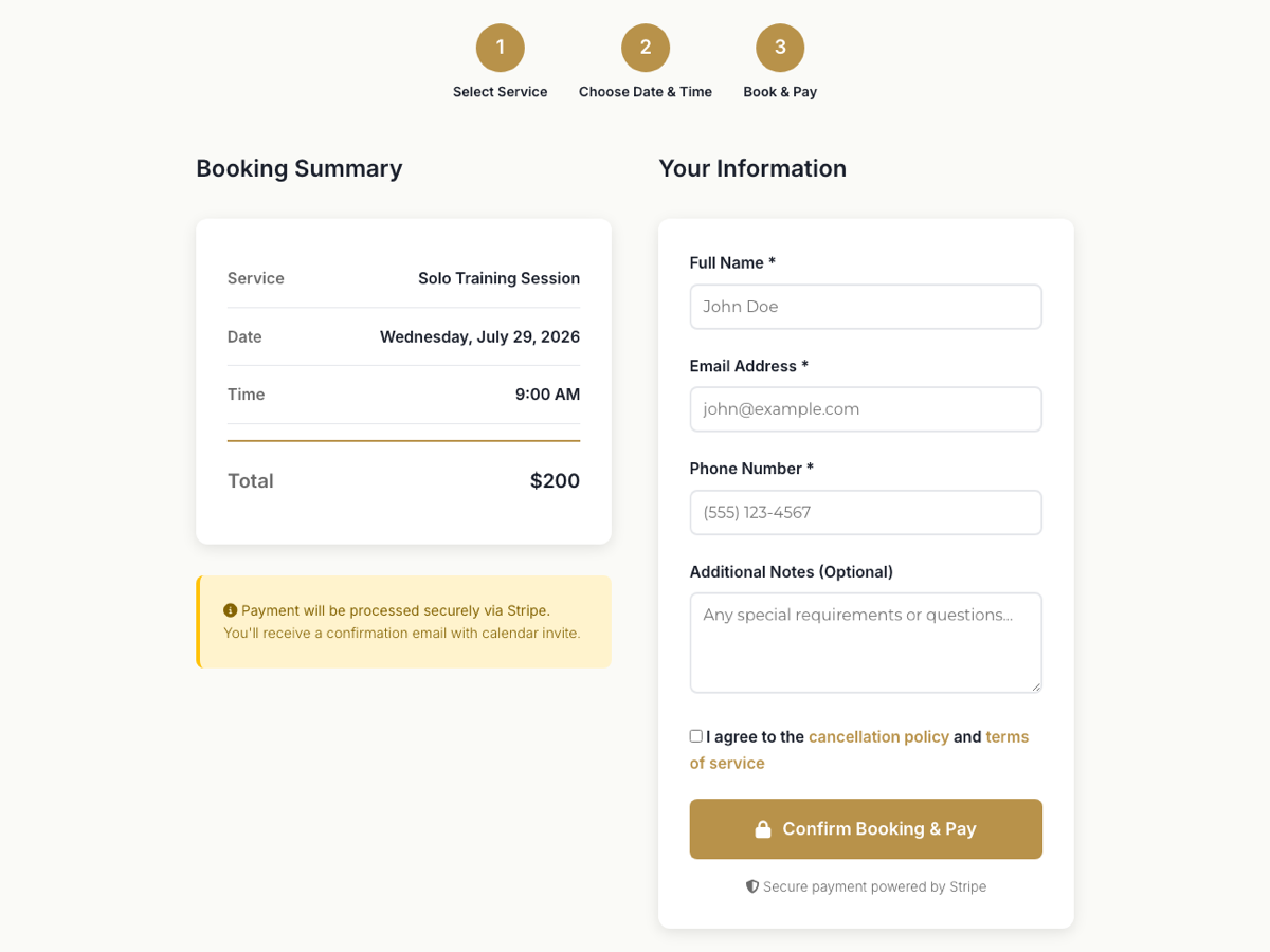 Checkout step on lindsaybeer.com — booking summary with total and client details form, payment via Stripe