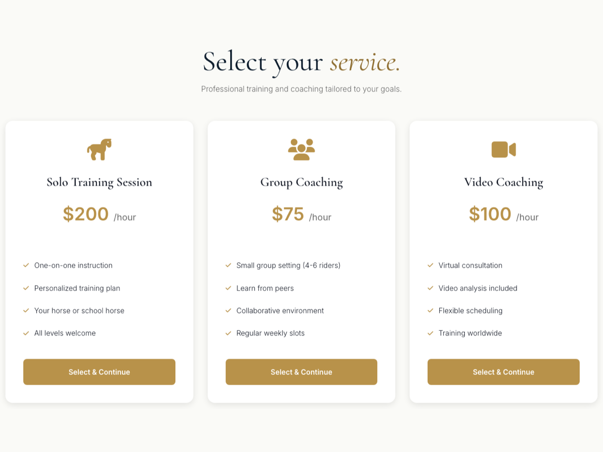 Service selection on lindsaybeer.com — solo training, group coaching and video coaching cards with hourly pricing